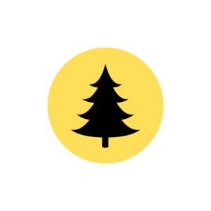 Image: A Christmas tree in black against the background of a yellow circle.